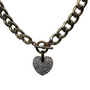 Puffed Heart Charm Pave Rhinestone Necklace Women's 17" Gold-tone Chunky Chain